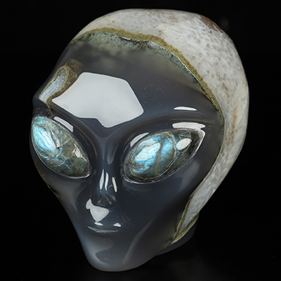 4.1" Agate Geode Star Being Female Alien Crystal Skull Companion With Labradorite Eyes, Hand Carved Gemstone Fine Art Sculpture, Reiki Healing Stone Statue