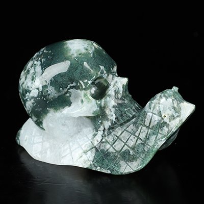 4.1" Green Moss Agate Hand Carved Crystal Snail Skull Sculpture, Crystal Healing