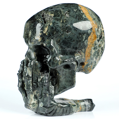 The Thinker---4.1" Ocean Jasper Hand Carved Crystal Skull & Skeletal Hand Sculpture, Crystal Healing