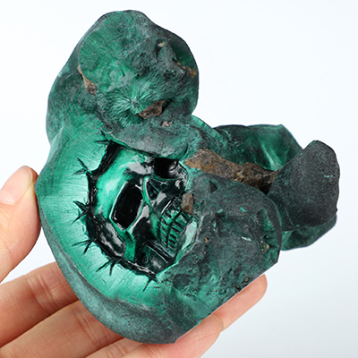 3.1" Cateye Malachite Hand Carved Crystal Skull Fine Art Sculpture, Crystal Healing