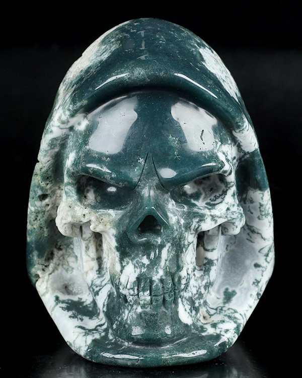 5.5" Green Moss Agate Hand Carved Death Crystal Skull Sculpture, Crystal Healing