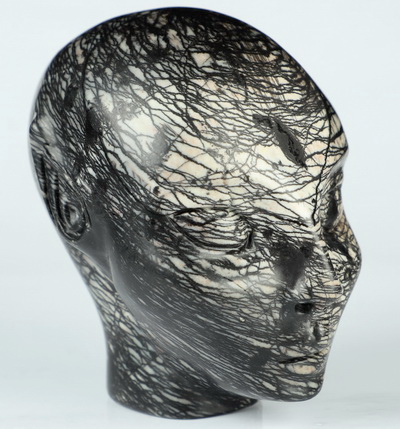 3.3" Black Network Jasper Hand Carved Fairy Elf Alien Crystal Skull Companion Sculpture, Crystal Healing