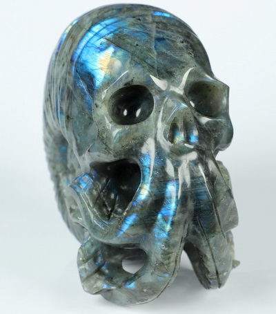 5.7" Labradorite Hand Carved Nautiloid Cthulhu Crystal Skull Sculpture, Crystal Healing