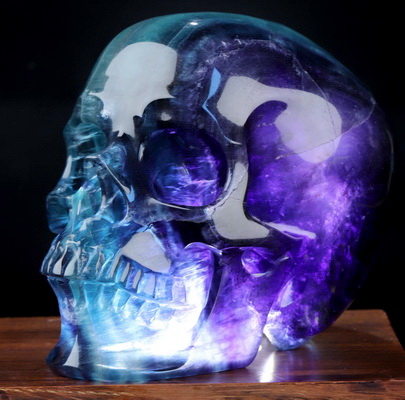Amazing 5.9" Colorful Fluorite Hand Hollow Crystal Skull Lamp/Light with Led Stand, Super Realistic, Crystal Healing