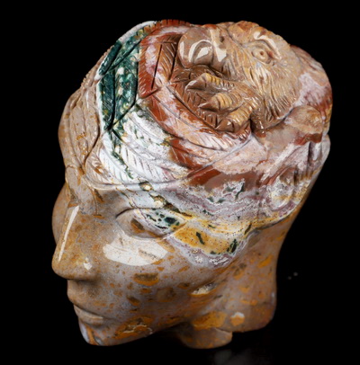 3.4" Indian Agate Hand Carved Fairy Elf Alien Crystal Skull and Eagle Companion Sculpture, Crystal Healing