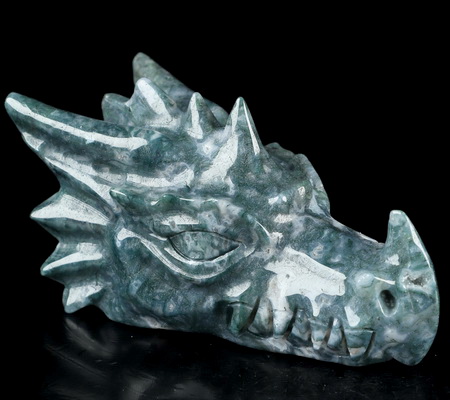 5.7" Green Moss Agate Hand Carved Crystal Dragon Head Skull Sculpture, Crystal Healing