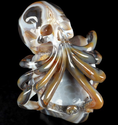 6.0" Premium Brazilian Agate Hand Carved Nautiloid Cthulhu Crystal Skull Sculpture, Crystal Healing
