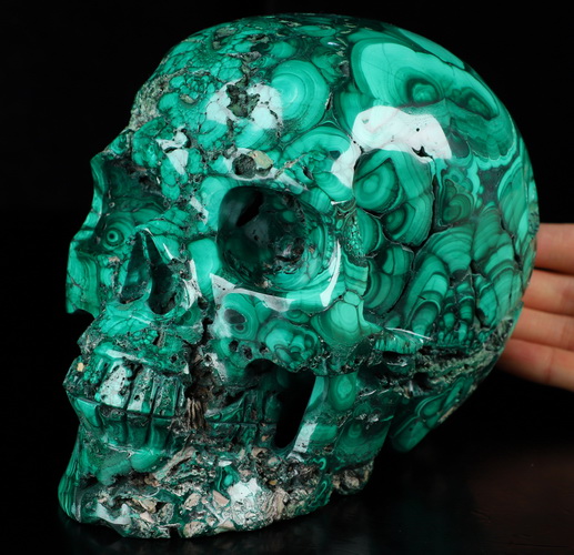 Gemstone Lifesized 6.7" Malachite Hand Carved Crystal Skull, Realistic, Crystal Healing