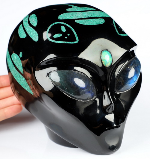 6.1" Black Obsidian & Malachite with Opal Inlay, Star Being Female Alien Crystal Skull Companion With Labradorite Eyes