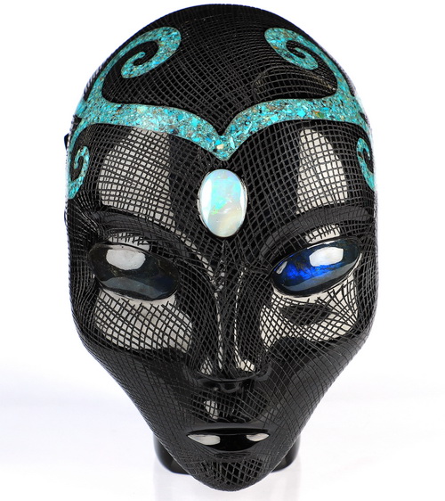 6.0" Black Obsidian & Malachite and Opal Inlay Fairy Elf Alien Crystal Skull with Labradorite Eyes