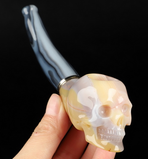 5.5" Premium Brazilian Agate Hand Carved Crystal Skull Pipe, Crystal Healing