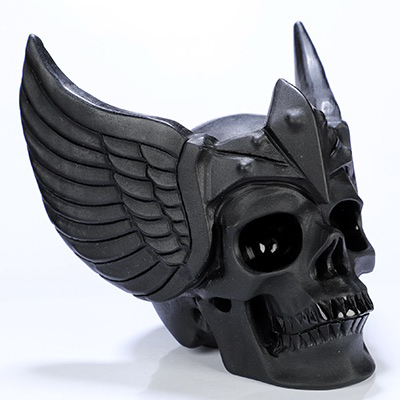 5.9" Frosted Black Obsidian Hand Carved Guardian Crystal Skull Sculpture, Crystal Healing