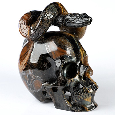 4.7" Blue & Gold Tiger's Eye Hand Carved Crystal Skull and Snake Sculpture, Crystal Healing