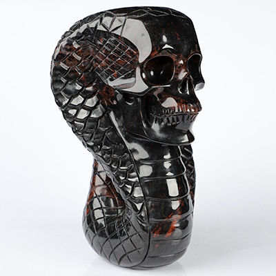5.9" Mahogany Obsidian Hand Carved Crystal Cobra Skull Sculpture, Crystal Healing