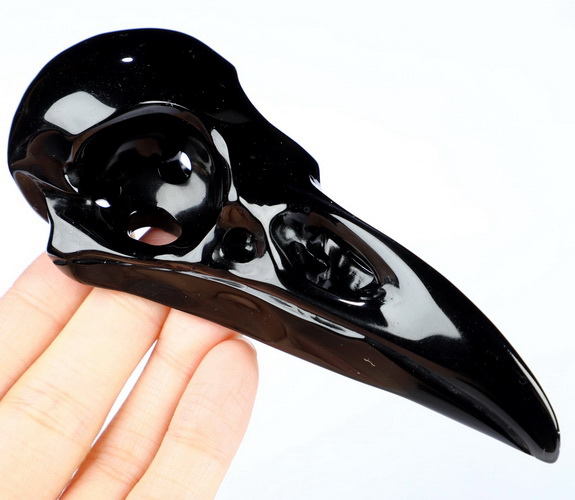 4.6" Black Obsidian Hand Carved Raven Crystal Skull  Sculpture, Crystal Healing