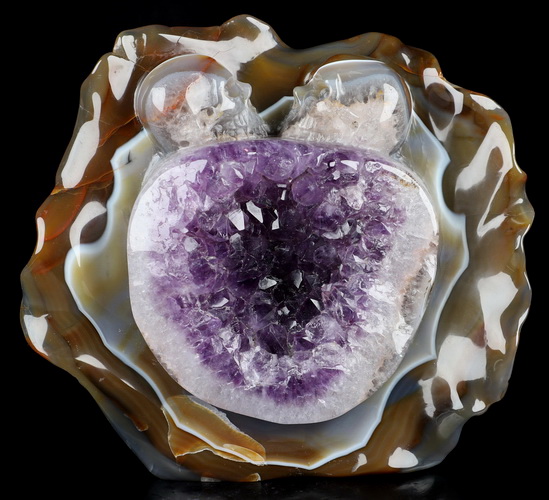 6.5" Agate Amethyst Geode Hand Carved Crystal Skulls Fine Art Sculpture, Crystal Healing