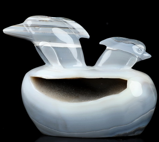 7.1" Agate Geode Hand Carved Crystal Dolphin Fine Art Sculpture, Crystal Healing