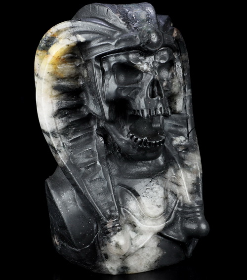 7.0" Chaistolite Andalusite Hornfels Hand Carved Crystal Vampire Skull and Red Jasper Tongue Sculpture, Crystal Healing