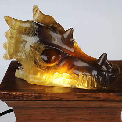 5.3" Fluorite Hand Carved Crystal Dragon Skull Sculpture, Crystal Healing