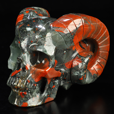 5.1" African Bloodstone Hand Carved Crystal Horned Skull Sculpture, Crystal Healing