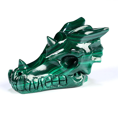 Gemstone 1.9" Malachite Hand Carved Crystal Dragon Skull Sculpture, Crystal Healing