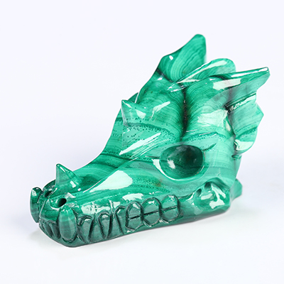 Gemstone 1.9" Malachite Hand Carved Crystal Dragon Skull Sculpture, Crystal Healing