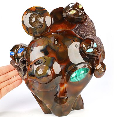 The Alien Planet! 9.1" Premium Brazilian Agate Geode Star Being Female Alien Crystal Skull Companion With Malachite Eyes, Hand Carved Gemstone Fine Art Sculpture, Reiki Healing Stone Statue