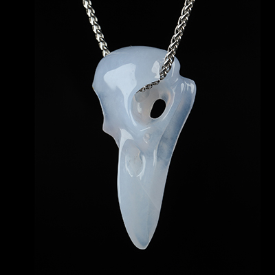 Necklace of 2.1" Blue Chalcedony Hand Carved Crystal Skull Pendant, Skull Jewelry