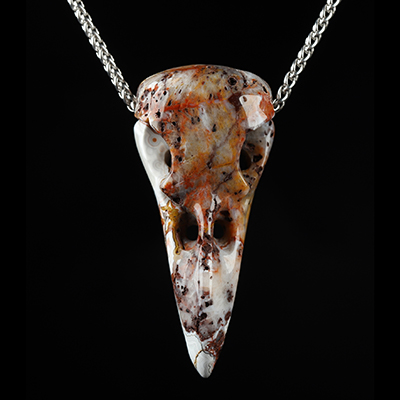 Gemstone Necklace of 2.1" Red Crazy Lace Agate Hand Carved Crystal Skull Pendant, Skull Jewelry