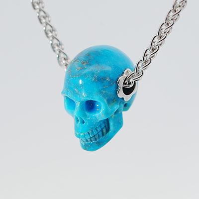Gemstone Necklace of 0.7" Turquoise Hand Carved Crystal Skull Pendant, Skull Jewelry