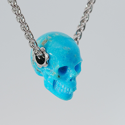 Gemstone Necklace of 0.7" Turquoise Hand Carved Crystal Skull Pendant, Skull Jewelry
