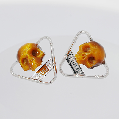  Gold Tiger's Eye Hand Carved Crystal Skull Earrings, Skull Jewelry