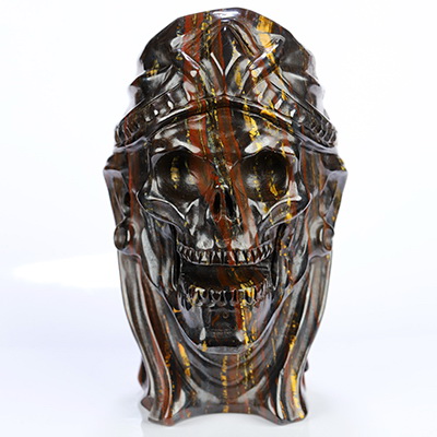 4.2" Colorful Tiger Iron Eye Hand Carved Crystal Mummy Skull Sculpture, Crystal Healing