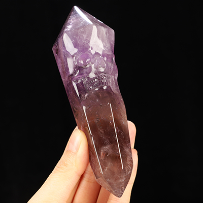 Gemstone 5.5" Amethyst Hand Carved Crystal Skull Wand/Point Sculpture, Crystal Healing