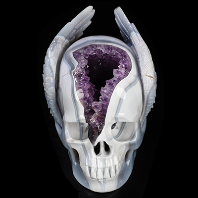 6.6" Agate Amethyst Geode Hand Carved Crystal Skull with Wings Sculpture, Crystal Healing