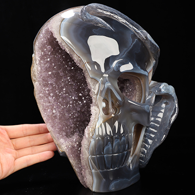 9.2" Agate Amethyst Geode Hand Carved Crystal Skull and Snake Sculpture, Crystal Healing