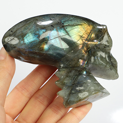 3.6" Labradorite Hand Carved Crystal Elongated Mayan Alien Skull with Spine Sculpture, Crystal Healing