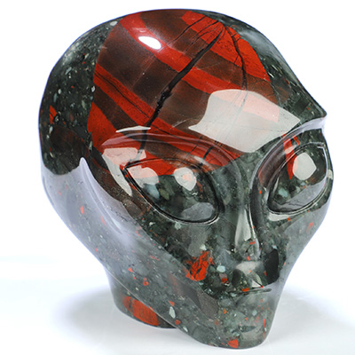 4.0" African Bloodstone Star Being Female Alien Crystal Skull Companion, Hand Carved Gemstone Fine Art Sculpture, Reiki Healing Stone Statue