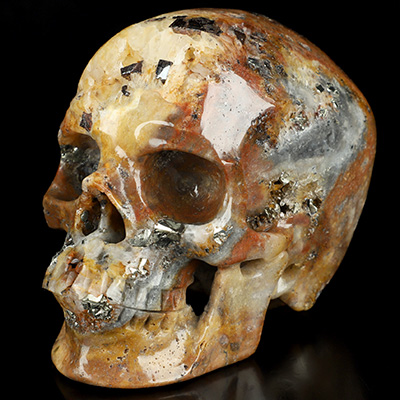 5.1" Indonesia Agate with Ptrite and Quartz Durse Hand Carved Crystal Skull, Super Realistic, Crystal Healing