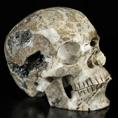 5.1" Indonesia Agate with Quartz Druse Hand Carved Crystal Skull, Super Realistic, Crystal Healing