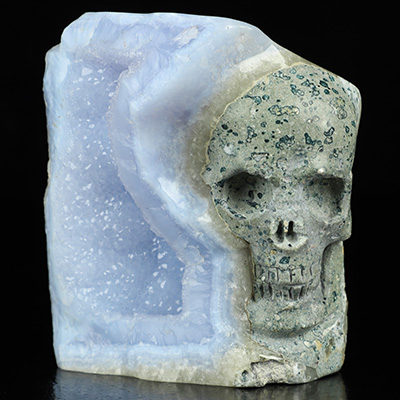 3.5" Blue Lace Agate Geode Hand Carved Crystal Skull Fine Art Sculpture, Crystal Healing