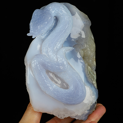 Gemstone 5.2" Blue Lace Agate Geode Hand Carved Crystal Snake, Crystal Healing