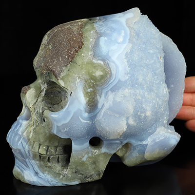 Lifesized 6.1" Blue Lace Agate Geode Hand Carved Crystal Skull, Crystal Healing