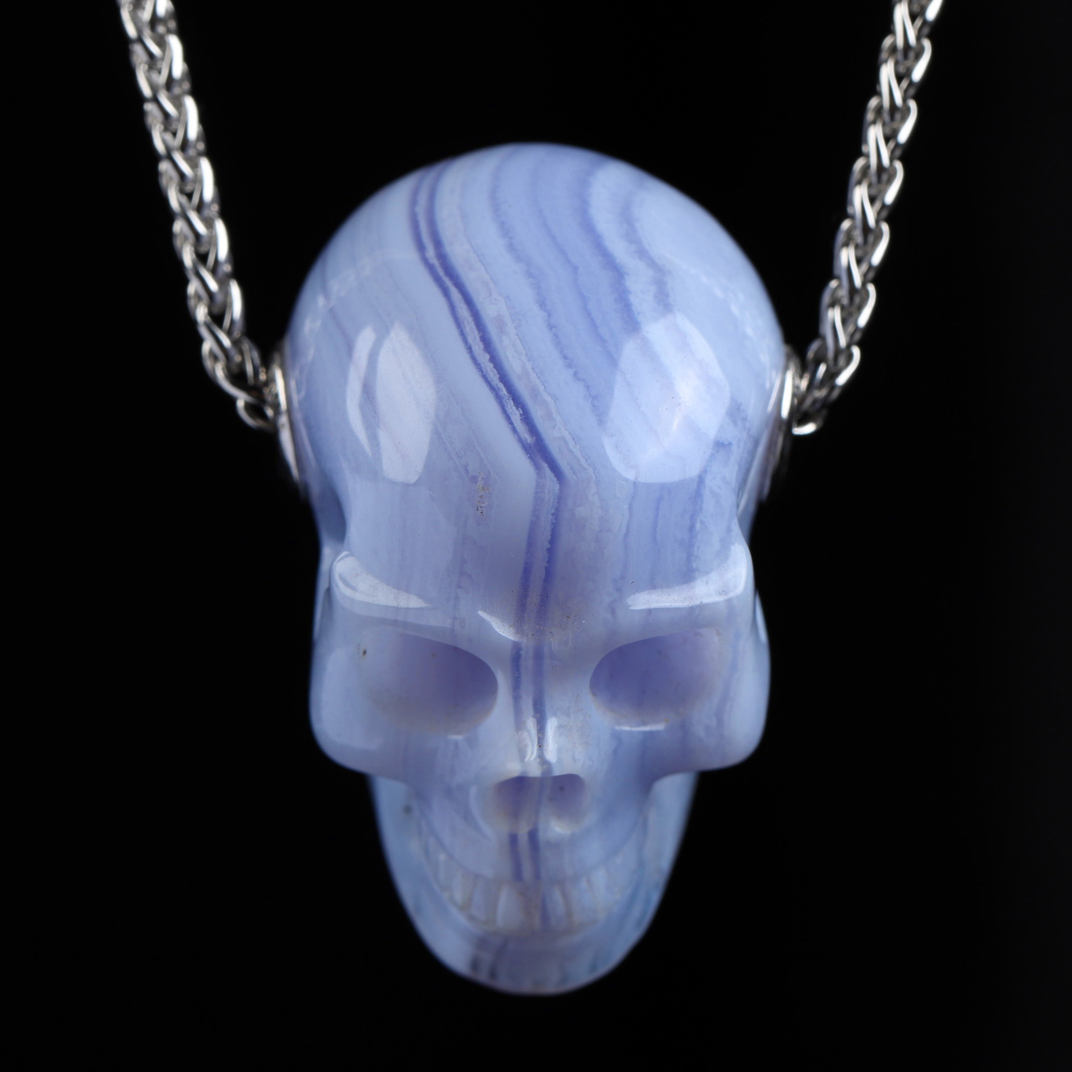 Gemstone Necklace of 1.4" Blue Lace Agate Hand Carved Crystal Skull Pendant, Skull Jewelry