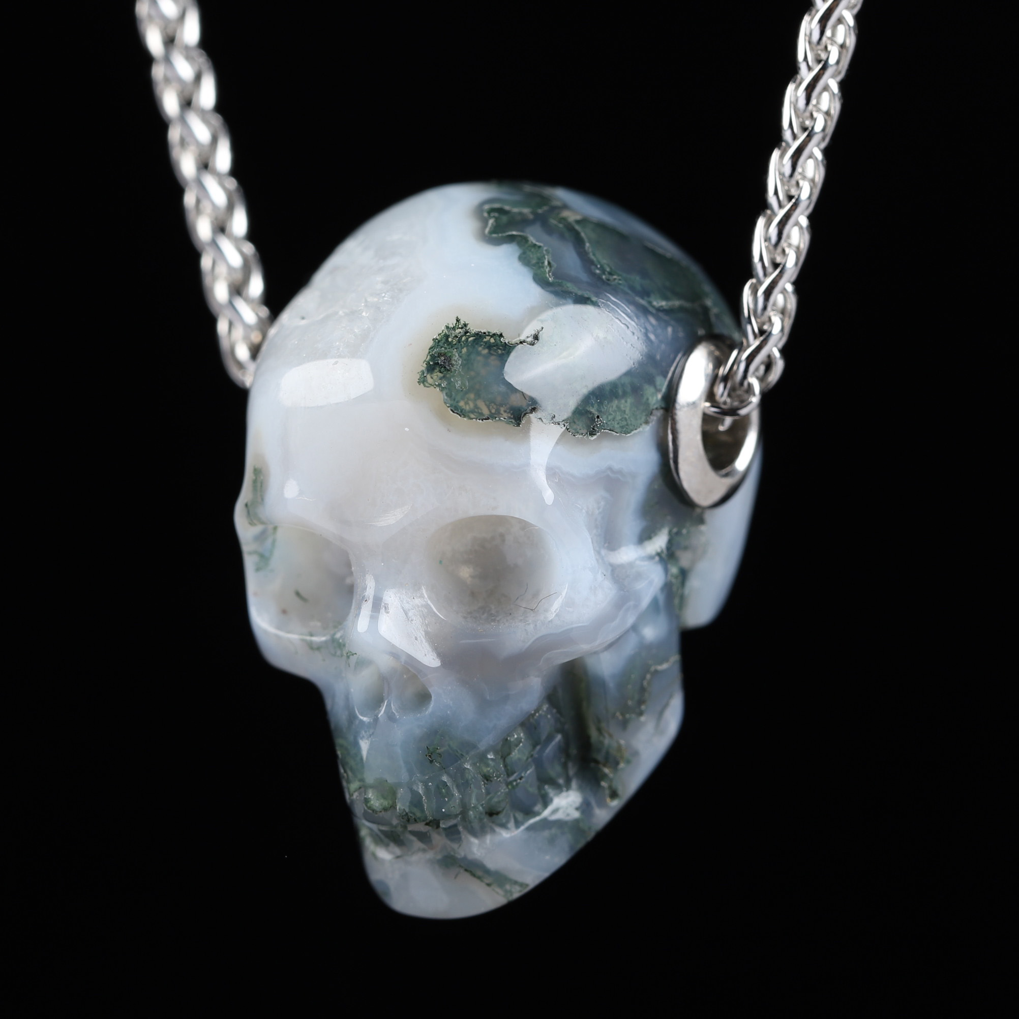 Necklace of 1.1" Green Moss Agate Hand Carved Crystal Skull Pendant, Skull Jewelry