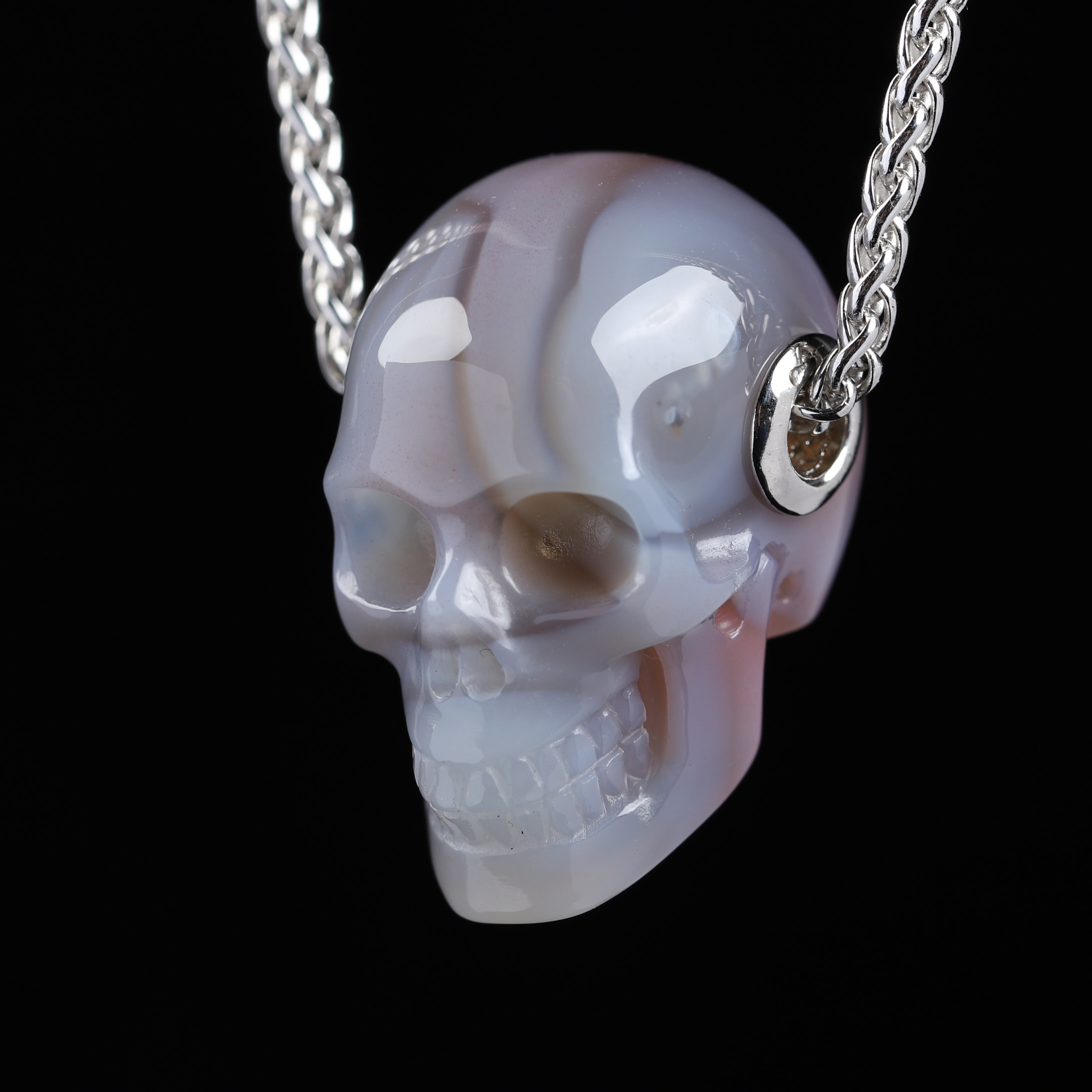 Gemstone Necklace of 1.1" Mozambique Agate Hand Carved Crystal Skull Pendant, Skull Jewelry