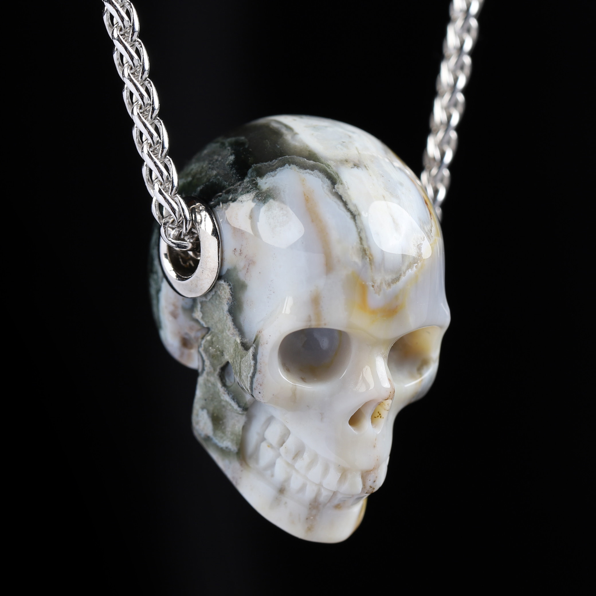 Necklace of 1.1" Ocean Jasper Hand Carved Crystal Skull Pendant, Skull Jewelry