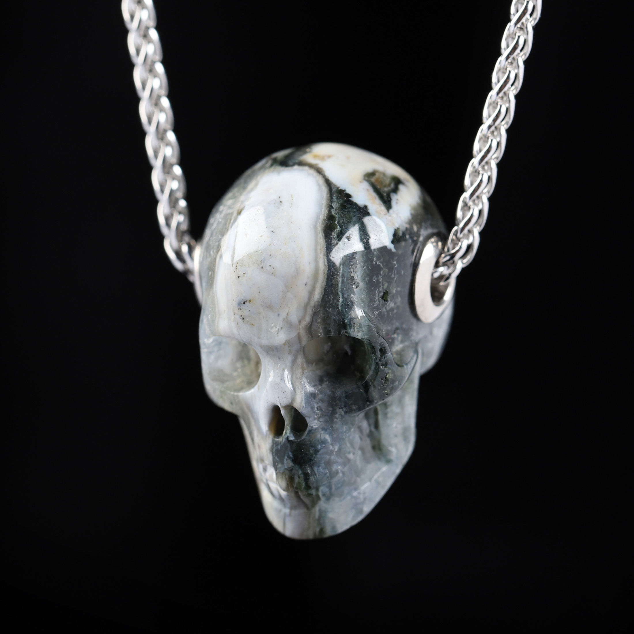 Necklace of 1.1" Ocean Jasper Hand Carved Crystal Skull Pendant, Skull Jewelry
