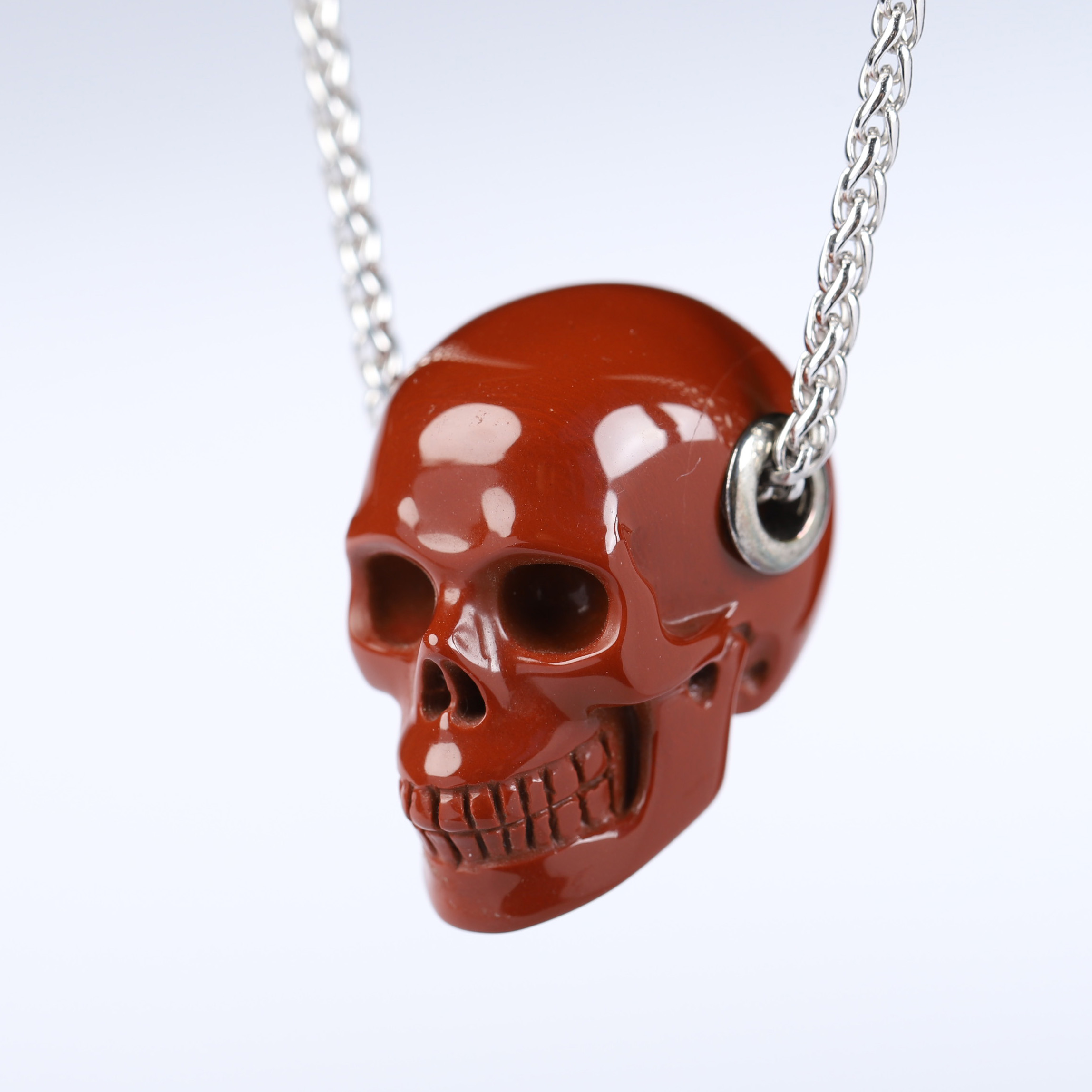 Necklace of 1.1" Red Jasper Hand Carved Crystal Skull Pendant, Skull Jewelry