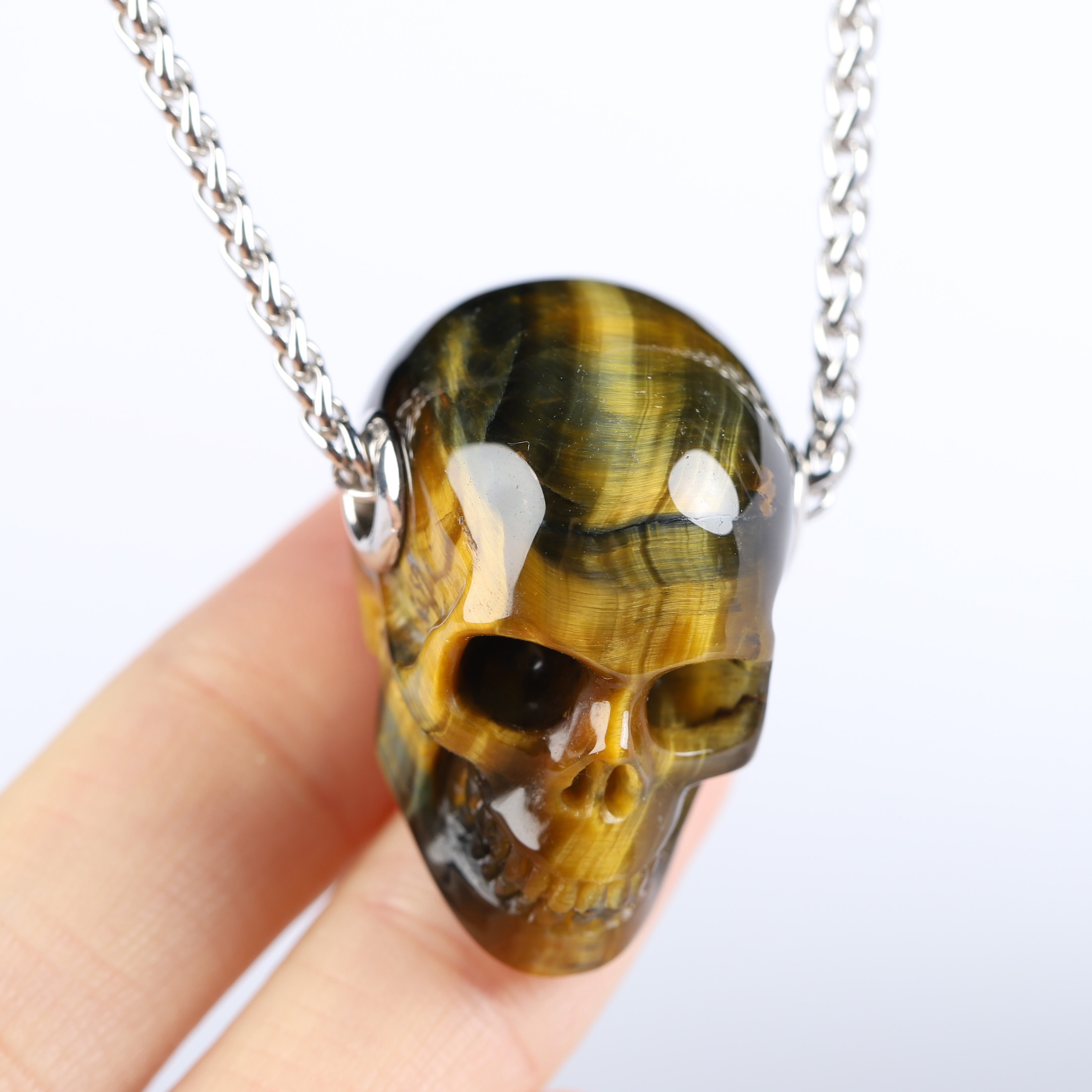 Gemstone Necklace of 1.1" Blue & Gold Tiger's Eye Hand Carved Crystal Skull Pendant, Skull Jewelry